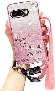 Crossbody Case for Google Pixel 9a, Luxury Bling Glitter Sparkle Flower with Crossbody Lanyard Women Girls Shockproof Cute Case for Google Pixel 9a.Diamond Flower Pink