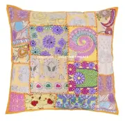 Yellow Patchwork Embroidered Pillow Case Indian Home Sofa Cushion Cover Throw 24