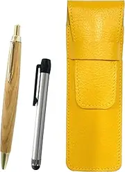 SASY-ALST-HS47S Yellow Grain Leather Pen Case Metal Touch Stick Silver and Maple Wooden Axis Retro Ballpoint Pen Set