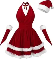[LTAKK] Women Santa Dress Mrs Claus Costume Christmas Velvet Halter Neck Mini Dress Santa Outfit