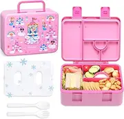[Rockpapa] 5 Compartment Bento Lunch Box with Ice Pack for Kids, Leak Proof, Dishwasher Safe, BPA Free Materials, 47oz Snack Bento Box with Utensils & Handle for Boys Girls Ages 3+ (Pink Fairies)
