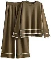 [Generic] Women's Winter Multicolor Oversize Sets Loose Split Sweater Tops Solid Wide Legs Long Pants Casual 2Pc Suits