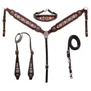 western Leather Equestrian Tooled Beaded Headstall,Breast Collar & Reins. (H048)
