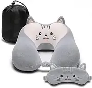 [PEKAD] Travel Pillow for Kids and Adults, Cute Animal Memory Foam Neck Pillow with Soft Fleece Cover and Eye Mask Set, Airplane Pillow Travel Kit with Drawstring Organizer Bag, Machine Washable (Kitten)