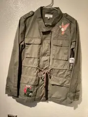 CHARLOTTE RUSSE women's army green jacket NWT sz S full zip w/snaps embroidered