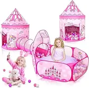 3 PCS Princess Tent for Girls with Kids Ball Pit and Crawl Tunnel for Toddlers, Pink Pop Up Playhouse Toys Indoor& Outdoor for Birthday Gifts