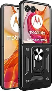 [BOKYAS] Armor Case for Motorola Razr 60 Ultra/Razr Ultra 2025/Razr+ 2025 with Slide Camera Protection Cover and Ring Stand [Mobile Phone Case Compatible with Car Magnet] Military Shockproof Case, Black