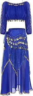 [FEESHOW] Women Belly Dance Costume Set Indian Dance Outfits Split Long Sleeve Crop Top with Chiffon Skirt Dancewear