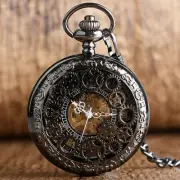 Retro Roman Numerals Skeleton Gear Mechanical Hand Wind Pocket Watch Chain Gift