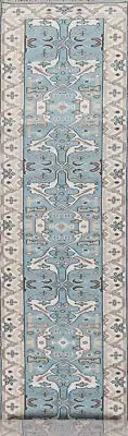 Bohemian Oushak Indian 16 ft. Long Runner Rug Hand-Knotted Blue/ Ivory 3x16
