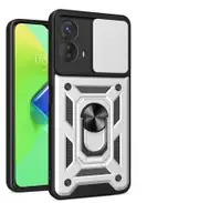 case For Moto G73 5G Slide Camera Lens Protection and Built in 360 Rotatable Ring Holder - Silvery