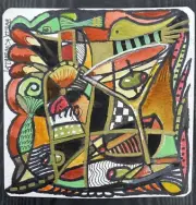 4x4” Original Pamela Wilhelm Watercolor & Ink Martini Olives Fish Abstract