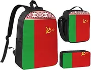 [JEJEA] Flag of Belarus print Backpack with Lunch Box Pecnil Case Set 3 in 1,BookBags Lunchbag Pencil Bag 17inch for Travel, Black, One Size