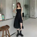 夏季新款韓版法式復古裙不規則設計個性小可愛洋裝女黑色裙子