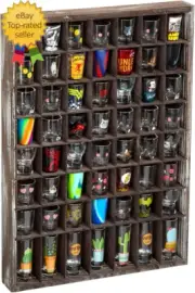 Rustic Wood Shot Glasses Display Case 56 Compartments Wall Mount Pint Glass Shad