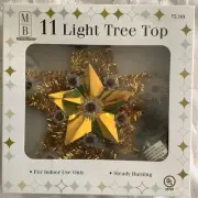 MerryBrite 11 Light Star Tree Topper 7.5" Gold Tinsel With Orange Lights