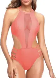 Tempt Me Women One Piece Sexy Mesh Swimsuit High Neck Halter Cutout Monokini ...