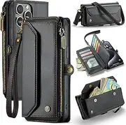 ELEPIK for iPhone 15 Pro Case, Adjustable Crossbody Wallet Case with Card Holder, Kickstand, [RFID Blocking] [Crossbody & Wrist Strap] Durable PU Leather Magnetic Phone Case for iPhone 15 Pro, Black