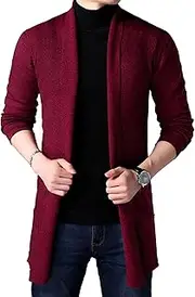 [SWJGLITTR] Men's Open Front Long Cardigan Shawl Collar Cardigans Sweater Cable Knit Ribbed Length Men Cardigan, Claret, Large
