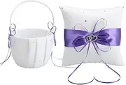 Wedding Flower Girl Basket and Ring Bearer Pillow Set,Satin Wedding Set with Double Heart Rhinestone Decor,Petals Basket Ring Cushion (Purple)