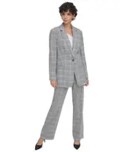 Calvin Klein Women's Plaid Notched-Lapel One-Button Blazer (Grey Multi, 14)