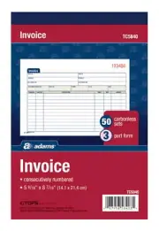 3-Part Carbonless Invoice Book, White/Canary/Pink, 8-7/16" x 5-9/16"