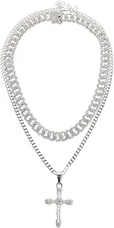 [DEARMAMY] Fashionable Mens Cross Necklace Alloy Chain Cross Pendant Layered Necklace for Men Silver