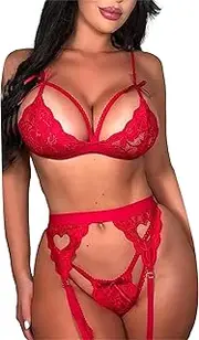 [Zylphorix] Women Lace Garter Lingerie Set Sexy 3 Piece Underwire Babydoll Deep V-Neck Strap Bodysuit Lingerie