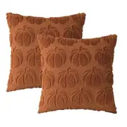 Pumpkin Fall Decorative Throw Pillow Covers,Set of 2 Rust Red Soft Faux Fur Pillow Covers for Autumn Harvest,Fluffy Plush Accent Pillow Cases for Farmhouse Couch Cushion Covers (Brown,45 x 45cm)