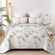 Dinjoy Floral Quilt Set Queen,Green Yellow Bedspread Queen Size 3 Pieces Sage Green Bedding Set Summer Quilts Soft Flower Bedspreads White Coverlet Sets for All Season