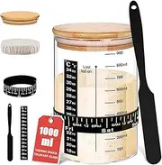 [Premium Glass] Sourdough Starter Kit - 1L Large Wide Mouth Sourdough Starter Jar, Recipe, Spatula, Thermometer, Date Marked Feeding Band, Cloth Cover - Sourdough Bread Baking Supplies Tools (black)