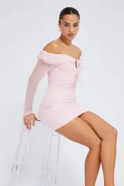 Pink Mini Dress Long Sleeve Off Shoulder Frill Mesh - Size M, Women's Midi Dress