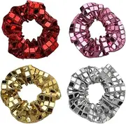 4 PCS Disco Sequin Hair Scrunchies 80s 90s Scrunchie Ponytail Holders for Women Retro Styled Elastics Scrunchies Metallic Mirror Hair Bands Tie Bridal Shower Hair Accessories