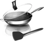 12.5 Inch Wok Pan with Honeycomb Lid with Handle Wok Pan, PFOA Free Suitable for Electric and Gas Induction Ceramic Stoves