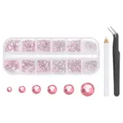 6 Sizes Glass Flatback Rhinestones with Tweezers Picking Pen, Light Pink