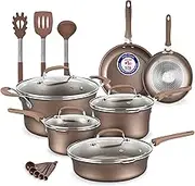 Pots and Pans Set – 14 Piece – Non-Stick Professional Home Kitchenware – Cooking Pots with Lids – Skillet Fry Pans – Suitable for Gas, Electric, Ceramic and Induction Counter Cooktops - Golden