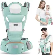 XIULIUU Baby Carrier with Hip Seat, All-in-One Ergonomic M Position Baby Carrier Newborn to Toddler, Head Support and Breathable Mesh Newborn Carrier, Adjustable Baby Holder Carrier for Dad Mom Green