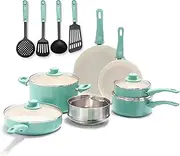 GreenLife Soft Grip Healthy Ceramic Nonstick, 15 pc Ceramic Cookware Set, PFAS-Free, Induction, Turquoise