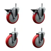 5 Inch Red Poly Wheel Swivel 7/16 Inch Grip Ring Stem Caster Set 2 Brakes