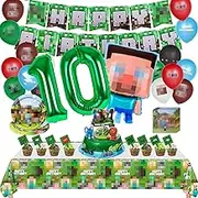 Birthday Decoration Boys Mine-Craft Birthday Decoration Mine-Craft Game Theme Party Accessories Party Decoration Game Party Accessory Set Includes Happy Birthday Banner Balloons Paper Plates Cake