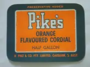PIKES ORANGE FLAVOURED CORDIAL LABEL OAKBANK SOUTH AUSTRALIA c1960s.