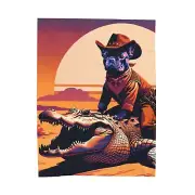 Funny Dog Velveteen Plush Blanket Frenchie Cowboy Riding Alligator Retro Western