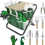 HoHaing Garden Tool Set, 10 Piece Kit With Heavy Duty Folding Stool, Detachable Storage Tote Bag, Stainless Steel Tools, Gifts for Women Men Green