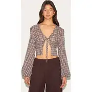 Brown Tie Front Gingham Blouse, Brown
