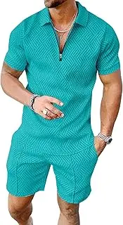 [Maiyifu-GJ] Men's Short Sleeve Polo Shirt 2 Piece Short Set 1/4 Zip Polo Shirts and Shorts Sets Summer Fashion Casual Outfits (Blue 1,X-Large), Blue 1, X-Large, Blue 1, X-Large