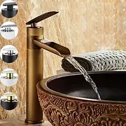 Waterfall BathroomSink Mixer Faucet Tall, Antique Brass Single Handle Basin Taps with Cold and Hot Hose