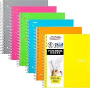Five Star Spiral Notebook, 3 Subject, College Ruled Paper, 150 Sheets, 11" x 8-1/2", Assorted Colors, 6 Pack (73479)
