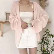 Open-Front Light Cardigan / Ribbed Camisole Top Cardigan - Apricot - One Size