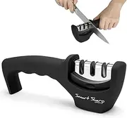[Lantana] Smart Sharp Knife Sharpener - Professional 3 Stage Manual Sharpener for Sharpening Kitchen Knives - Ceramic Stone, Tungsten Carbide Plates, Diamond rods. Ergonomic Design, Black/Chrome Finish