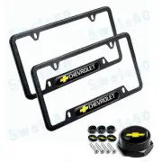 2PCS For CHEVY CHEVROLET Black Metal Stainless Steel License Plate Frame W/ Caps